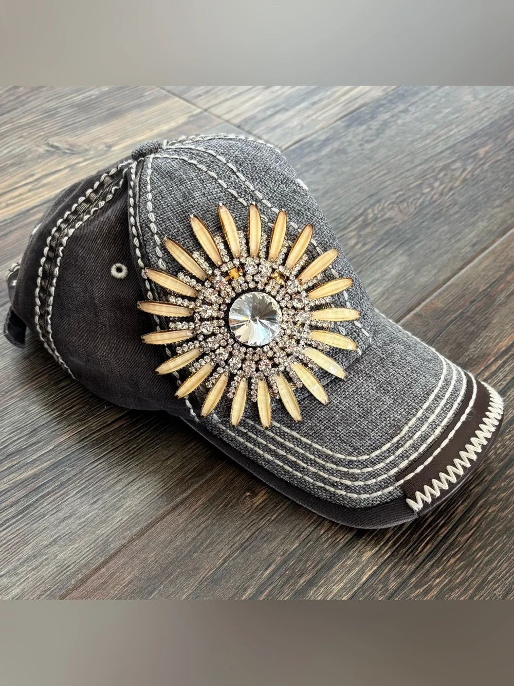 Olive & Pique Rhinestone Flower Baseball Cap Hat Washed Gray Embroidered *Read - Picture 3 of 11